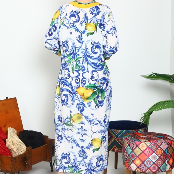 NWT Floral Lemon Pattern Viscose Button Down Silk Maxi Summer Dress Women - Picture 4 of 7